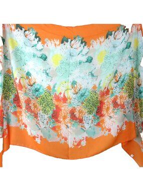 New Womens Floral Print Lightweight Scarf with Vibrant Orange Border